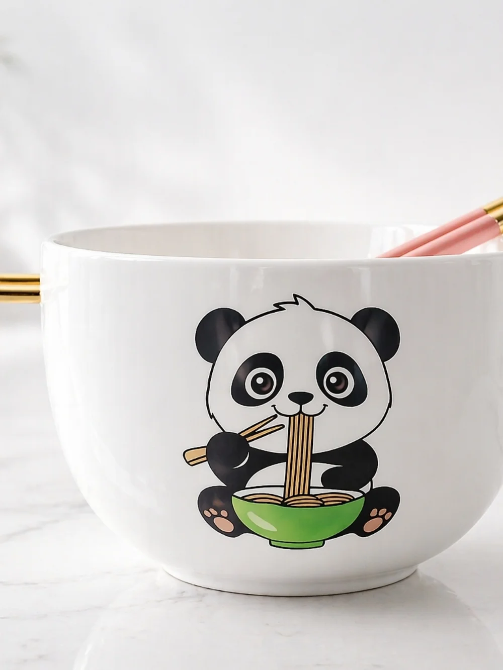 White Panda Ceramic Noodle Bowl with Red-Tip Chopsticks - Picture 7 of 8